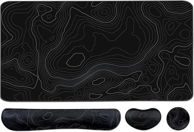 Yunoble Topographic Large Mouse Pad and Keyboard Wrist Rest, Desk Pad for Keyboard and Mouse, 4-in-1 Large Gaming Mouse Pad with Wrist Support, Non-Slip Desk Mat for Home Office Study Game-Topographic Contour - Image 1